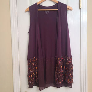 LOGO Lori Goldstein Open Front Sleeveless Cardigan Floral Layer Hem Plum Size M